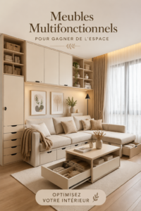 Meubles multifonctionnels dans un intérieur moderne et chaleureux, optimisant l'espace