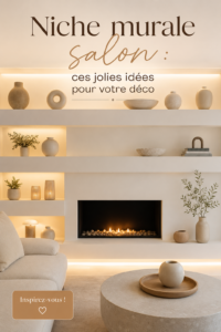 Salon avec une belle niche murale décorée de plantes et d'objets