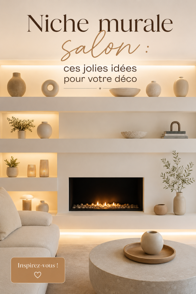 Salon avec une belle niche murale décorée de plantes et d'objets