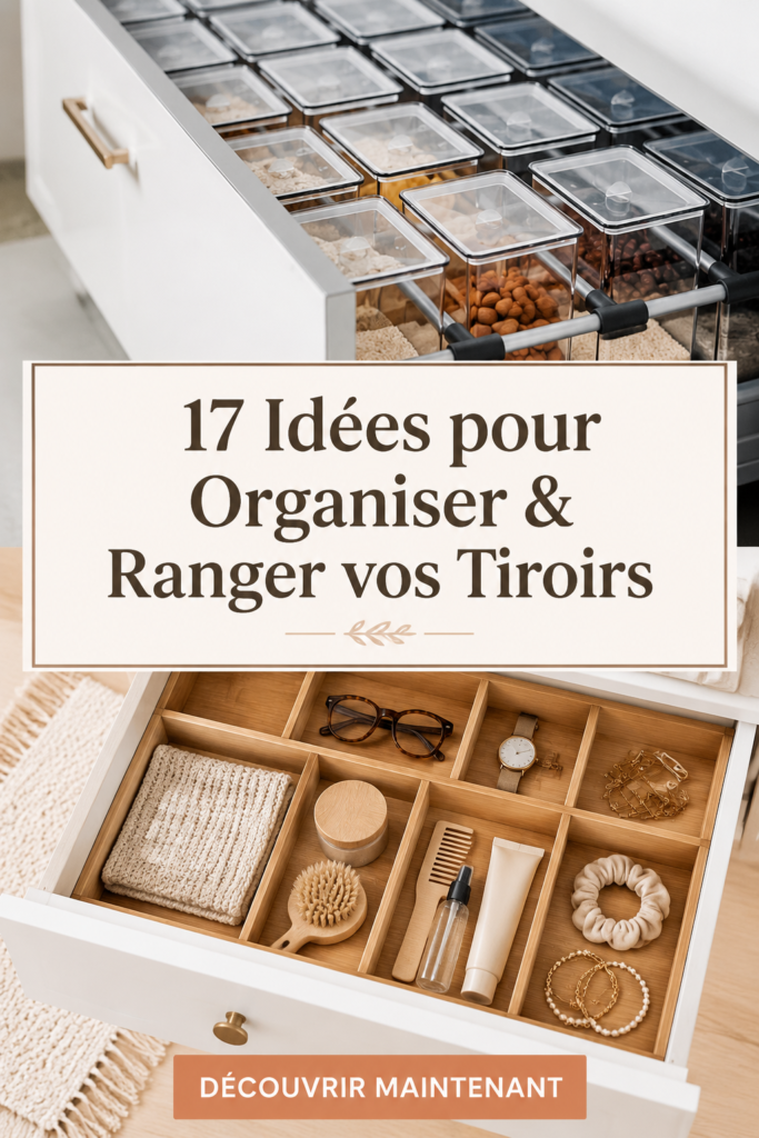 Tiroir en bois organisé avec des séparateurs et des accessoires