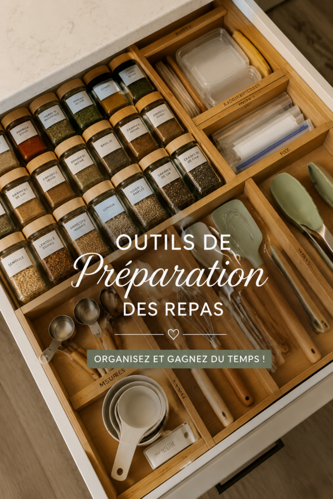 Outils de préparation de repas bien organisés dans une cuisine moderne.