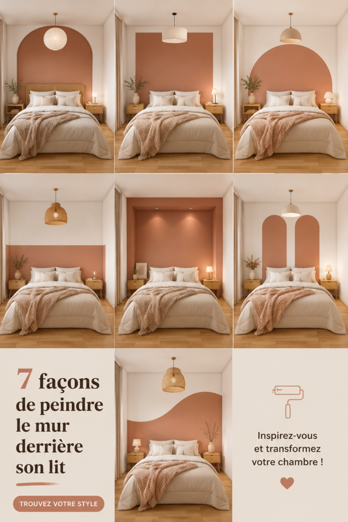 Mur peint derrière un lit avec des couleurs apaisantes, créant une atmosphère chaleureuse dans la chambre.
