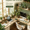 Bureau décoré avec plusieurs plantes d'intérieur vertes et accueillantes.