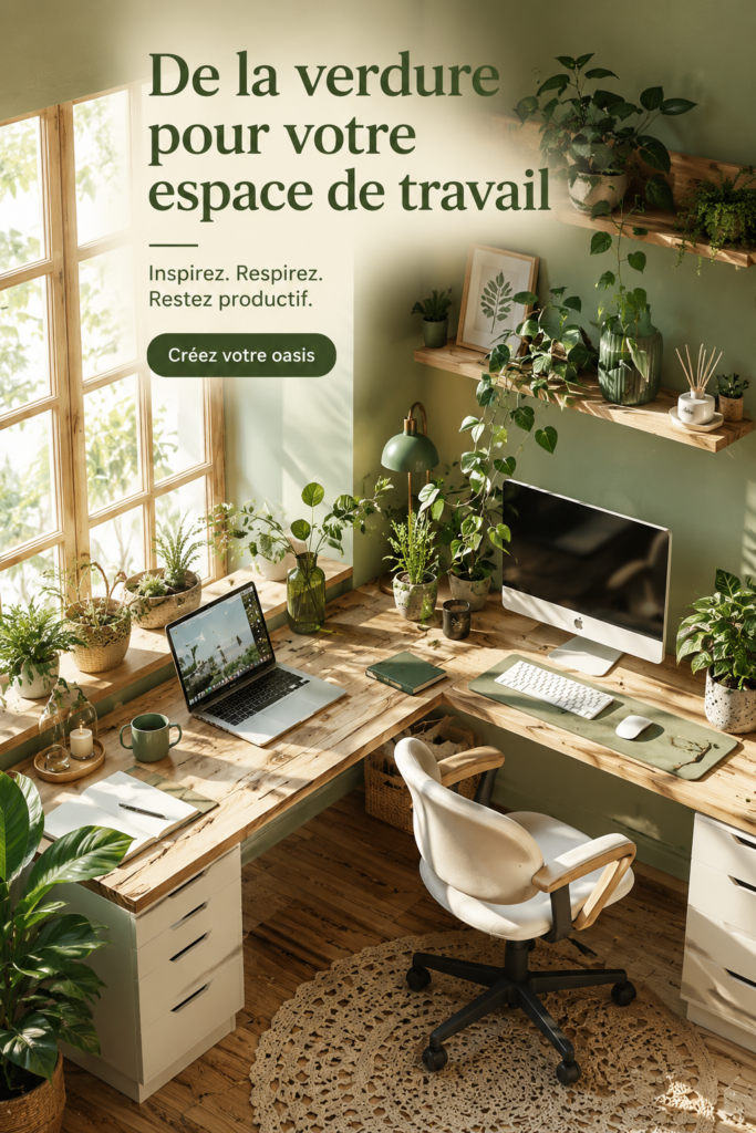 Bureau décoré avec plusieurs plantes d'intérieur vertes et accueillantes.