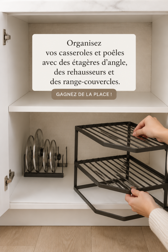Étagère d'angle bien organisée avec casseroles et poêles.