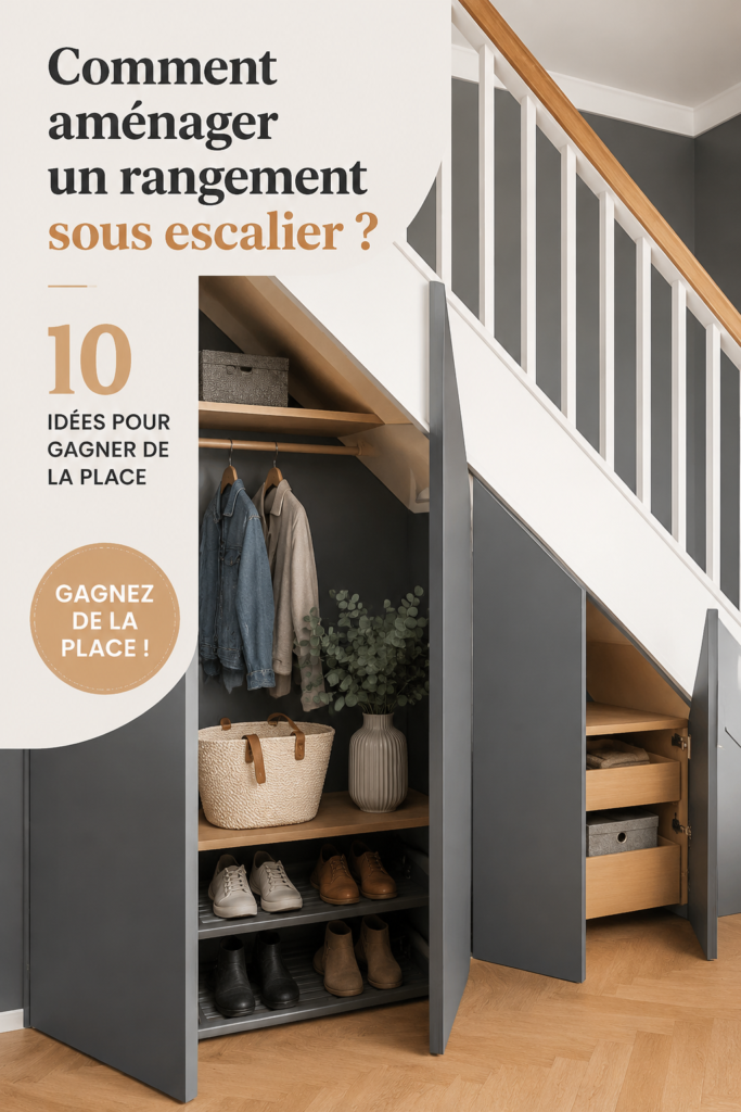 Un espace sous escalier optimisé avec des rangements pratiques et esthétiques.