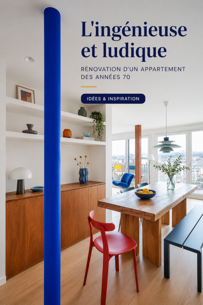 Un appartement rénové des années 70 avec un dégradé de couleurs modernes et un mobilier vintage.
