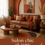 Un salon élégant avec du cuir noir et des touches d'orange brûlé, créant une ambiance cosy.