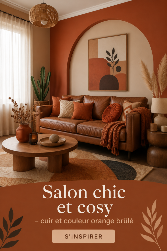Un salon élégant avec du cuir noir et des touches d'orange brûlé, créant une ambiance cosy.