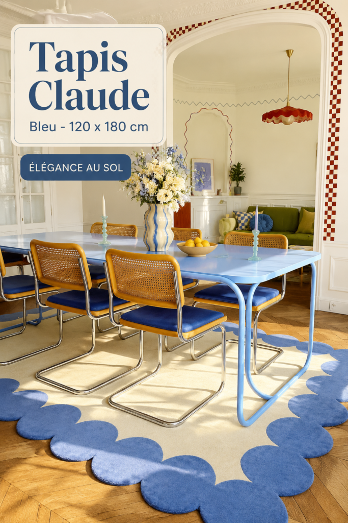 Tapis Claude bleu de 120 x 180 cm installé dans un salon moderne