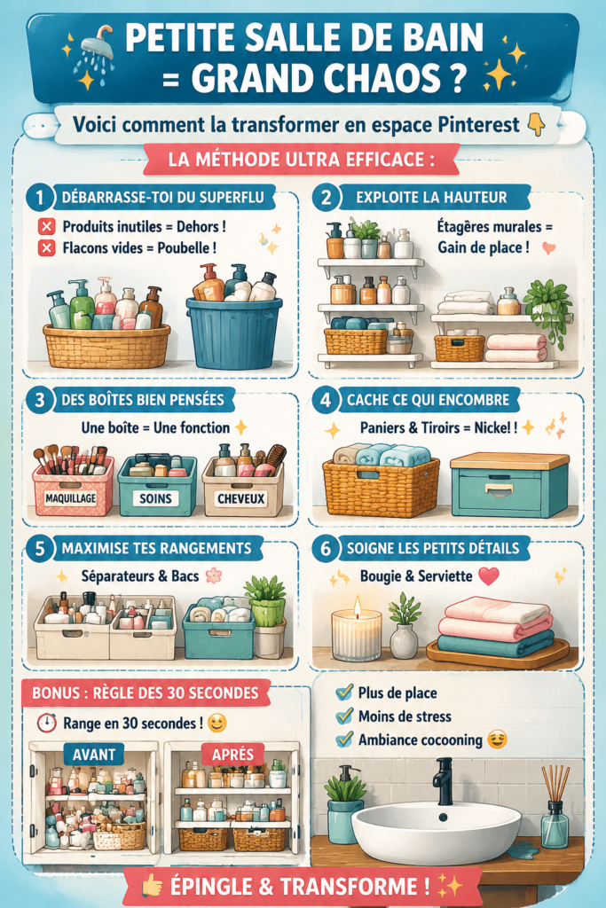 Une salle de bain moderne et bien agencée montrant des solutions de rangement pratiques.