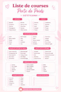 Image d'une liste de courses équilibrée, comprenant des fruits et légumes frais, adaptée à une alimentation saine.