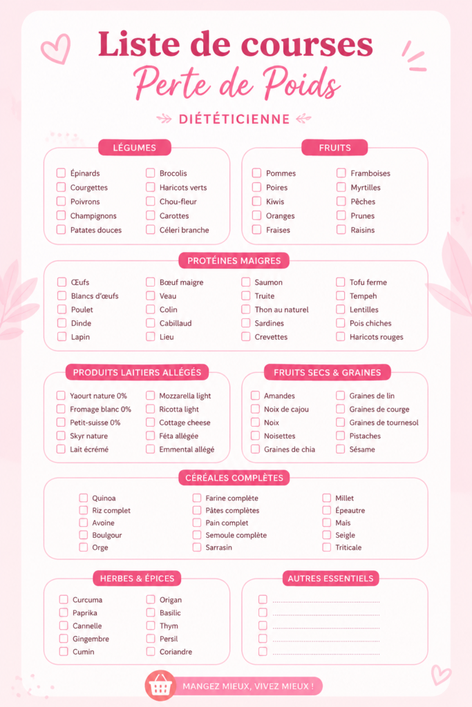 Image d'une liste de courses équilibrée, comprenant des fruits et légumes frais, adaptée à une alimentation saine.
