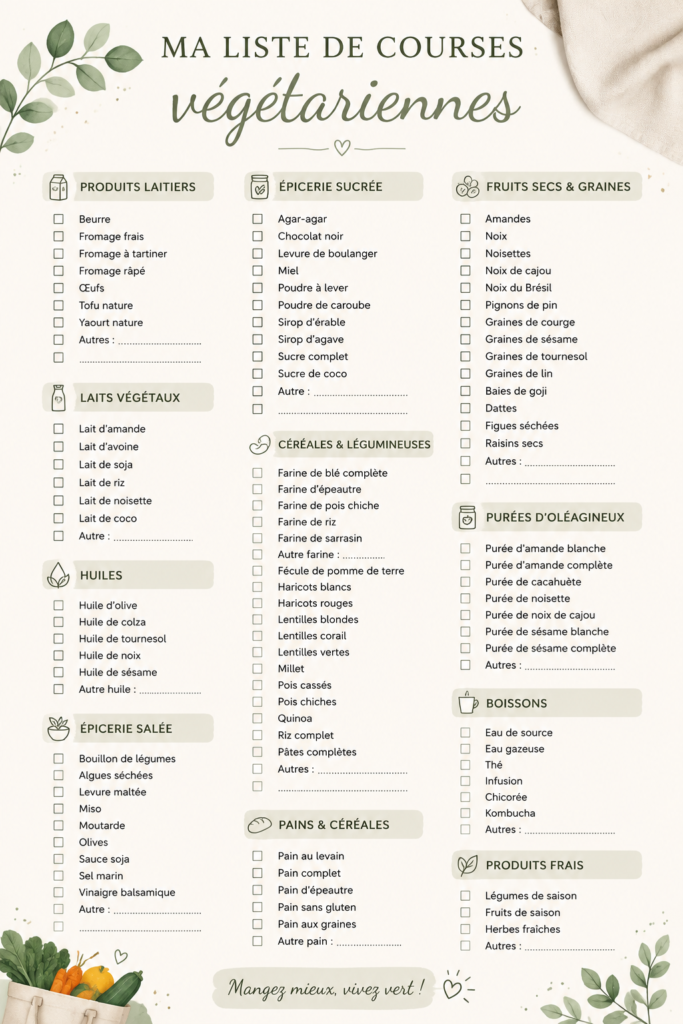 Une belle liste de courses végétariennes avec des ingrédients frais et colorés