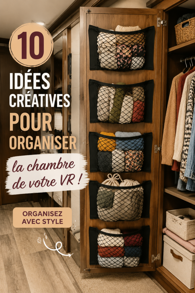 Chambre de camping-car organisée avec des rangements pratiques.