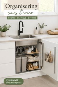 Espace sous évier de cuisine organisé avec des bacs de rangement