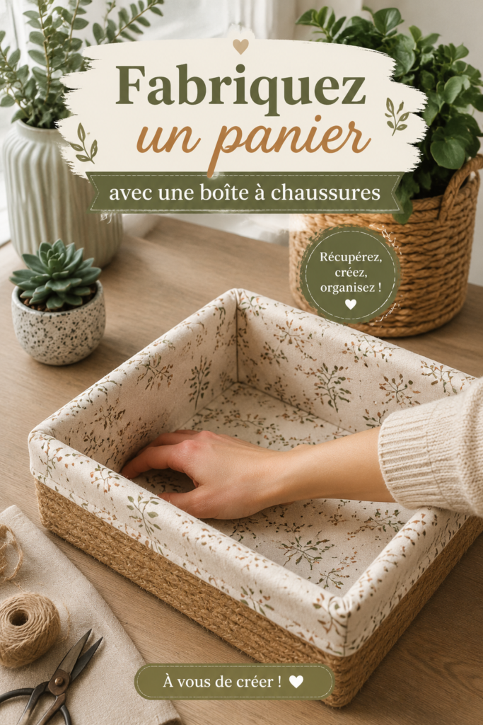 Panier de rangement coloré fabriqué à partir d'une boîte à chaussures recyclée.