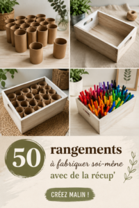 Exemples de rangements DIY réalisés avec des matériaux récupérés, tels que des palettes et des bocaux.