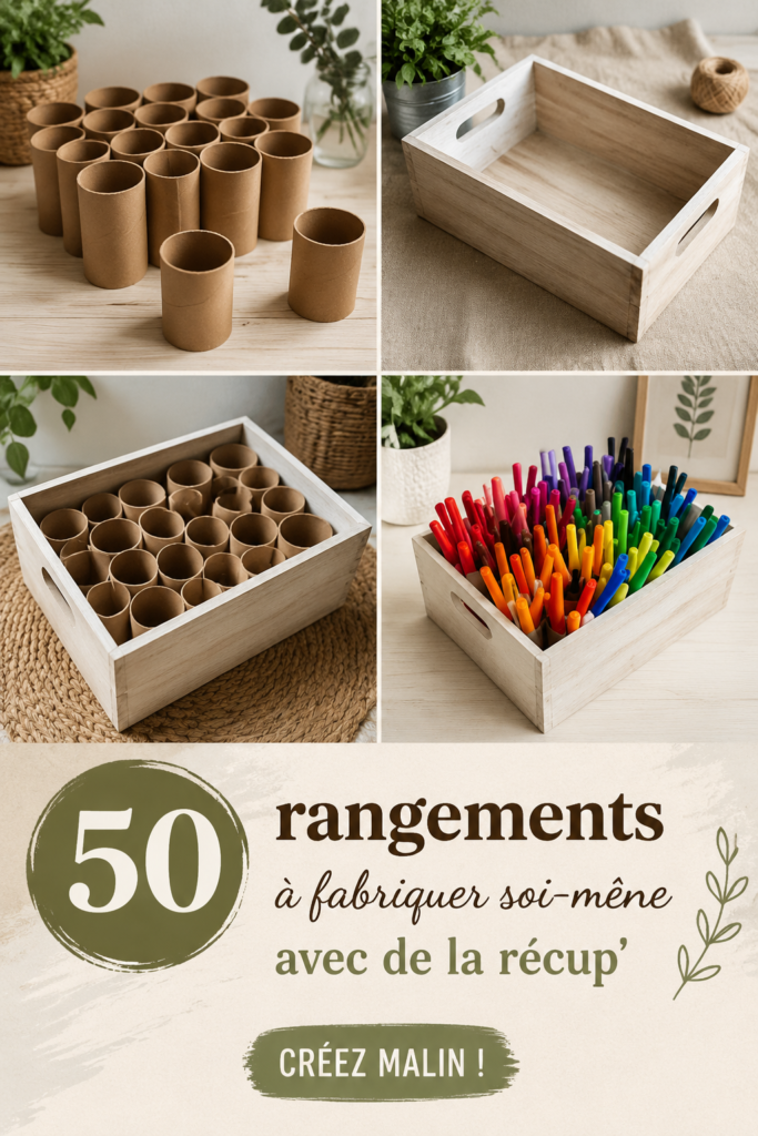 Exemples de rangements DIY réalisés avec des matériaux récupérés, tels que des palettes et des bocaux.