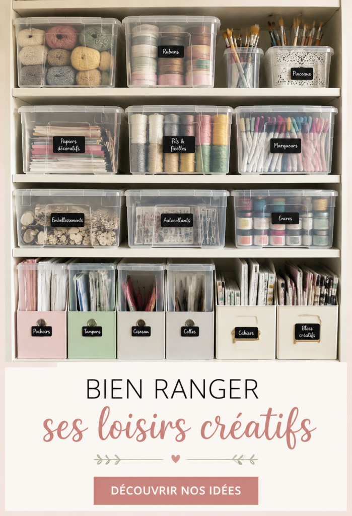 Un espace de créativité bien rangé avec des fournitures organisées