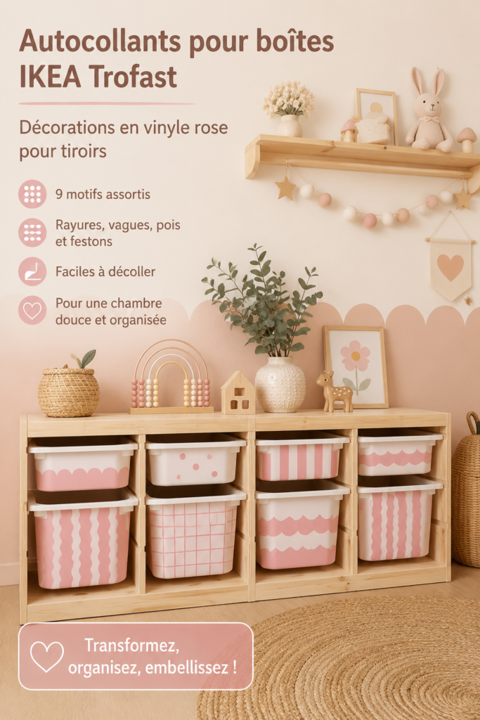 Stickers IKEA Trofast colorés appliqués sur un tiroir en bois