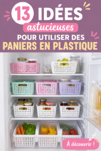 Un ensemble de paniers en plastique colorés réorganisés dans une cuisine chaleureuse