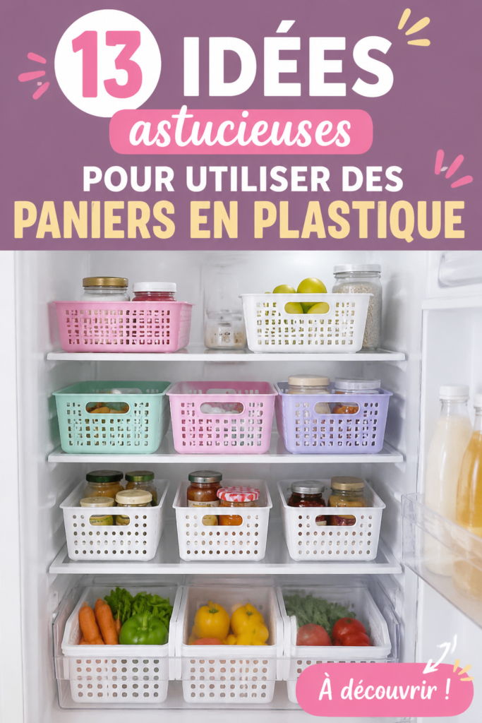 Un ensemble de paniers en plastique colorés réorganisés dans une cuisine chaleureuse